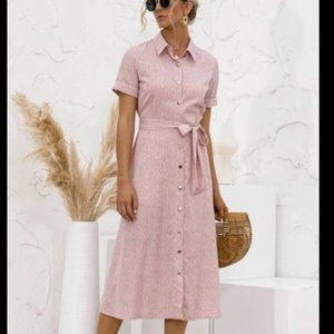 Women Casual Short Sleeves Floral Print Button Down Midi Dress, Size S, Pink